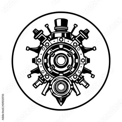 Intricate mechanical gear design with top hat, central aperture, and various protruding elements.