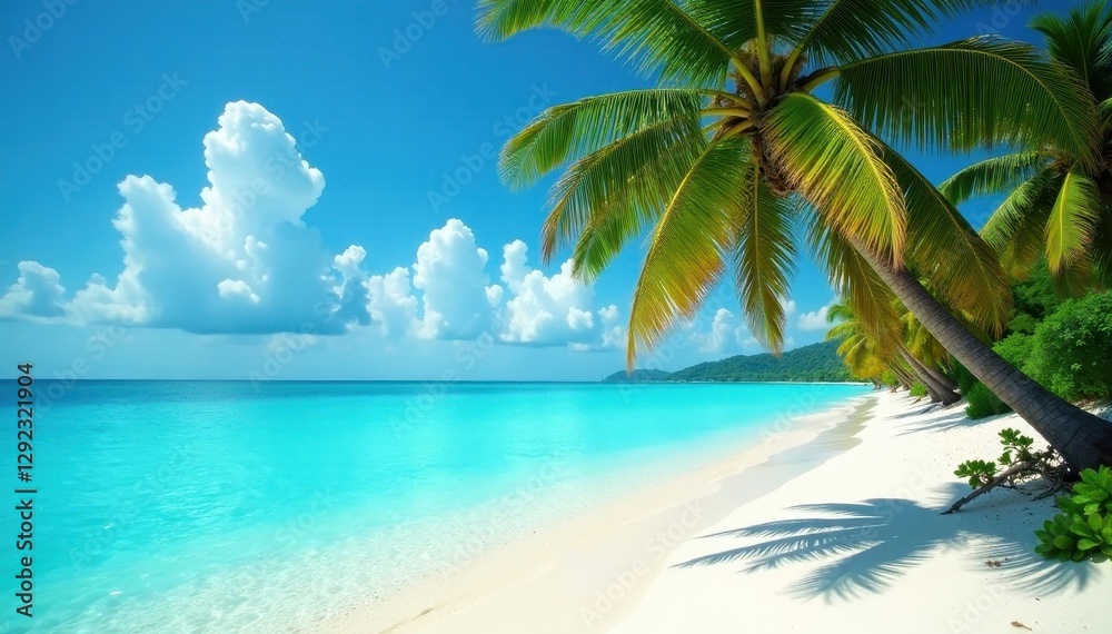 Crystal clear turquoise sea meets powdery white sand; palm trees sway gently in the breeze , coast, coastal, ocean Crystal clear turquoise sea meets powdery white sand; palm trees sway gently in the breeze , coast, coastal, ocean