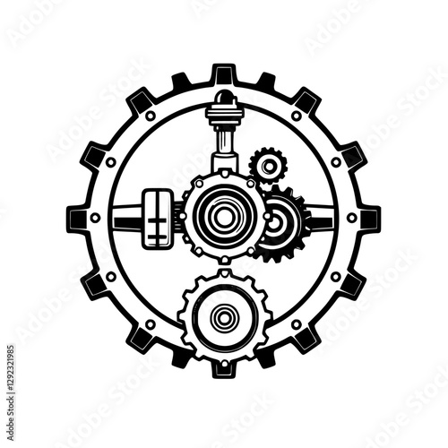 Intricate clockwork mechanism in black and white, with gears and cogs, illustrated illustration.