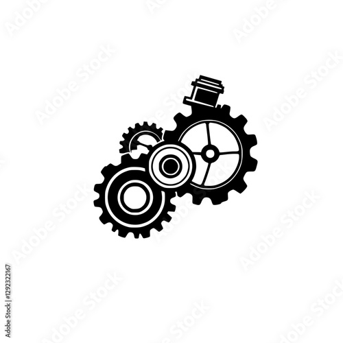 Black and white illustration of gears and cogs, depicting a steampunk or mechanical machine. The black gears and cogs are against a white background.