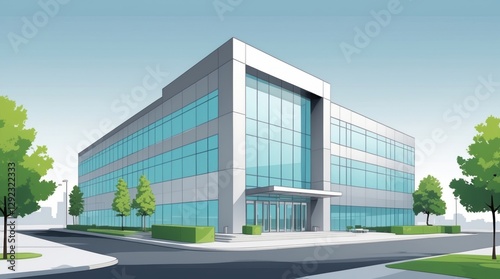 Wallpaper Mural Modern Office Building with Glass Facade and Surrounding Greenery, Architectural Design, Urban Torontodigital.ca