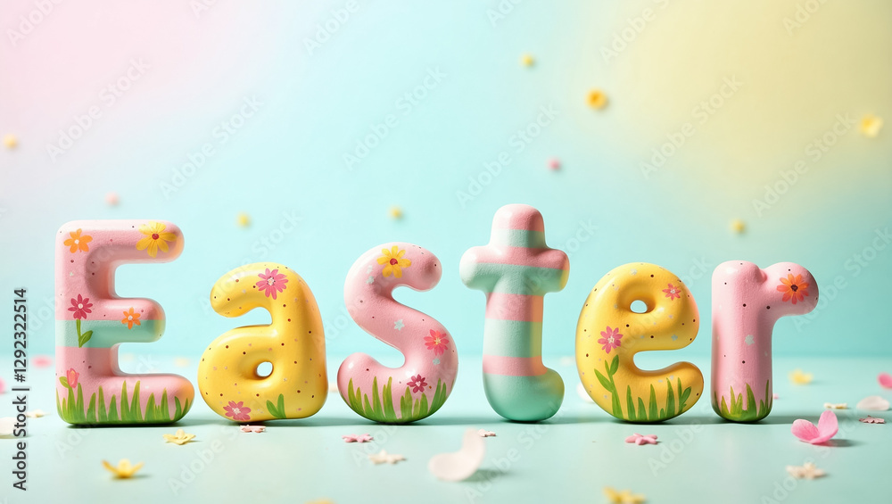 Naklejka premium Brightly colored letters spell out Easter with floral designs on each character. The soft background enhances the festive mood and adds charm to seasonal celebrations