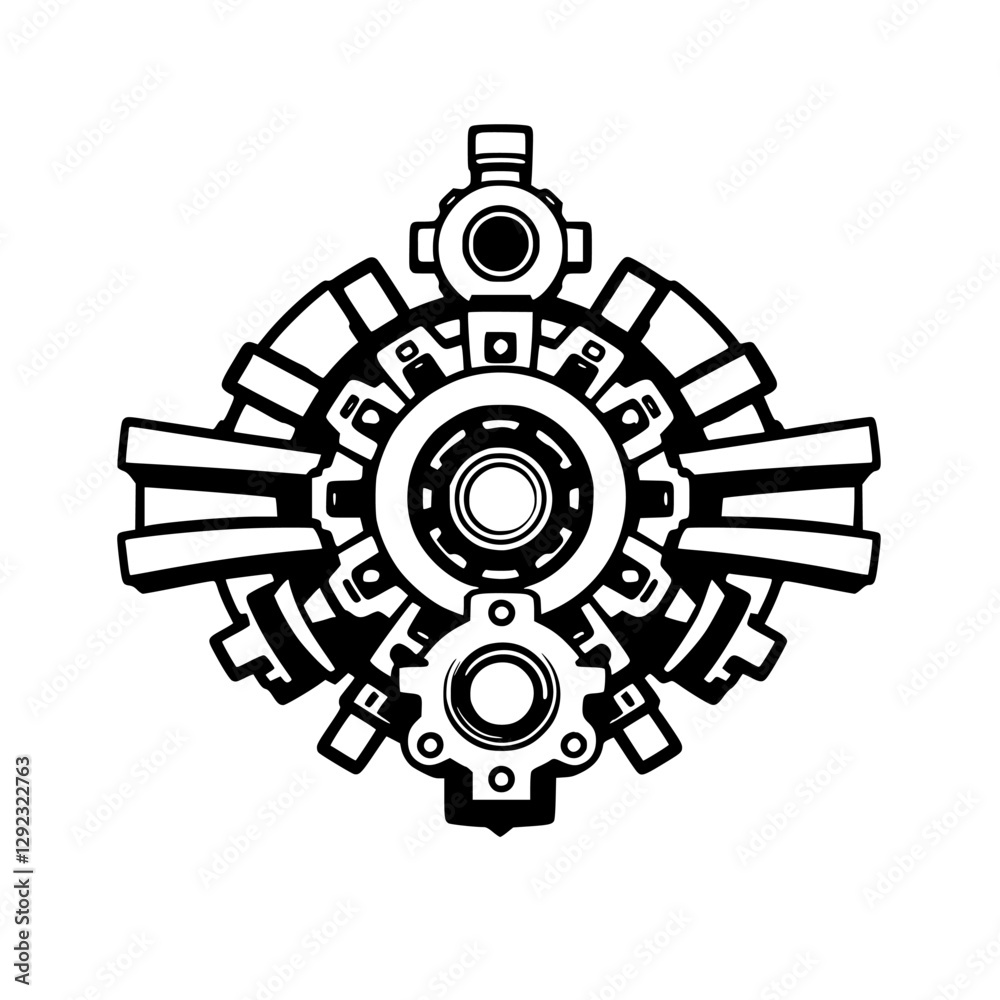 Intricate circular gear-like composition in a black and white minimalist style. Intricate circular gear-like composition in a black and white minimalist style.