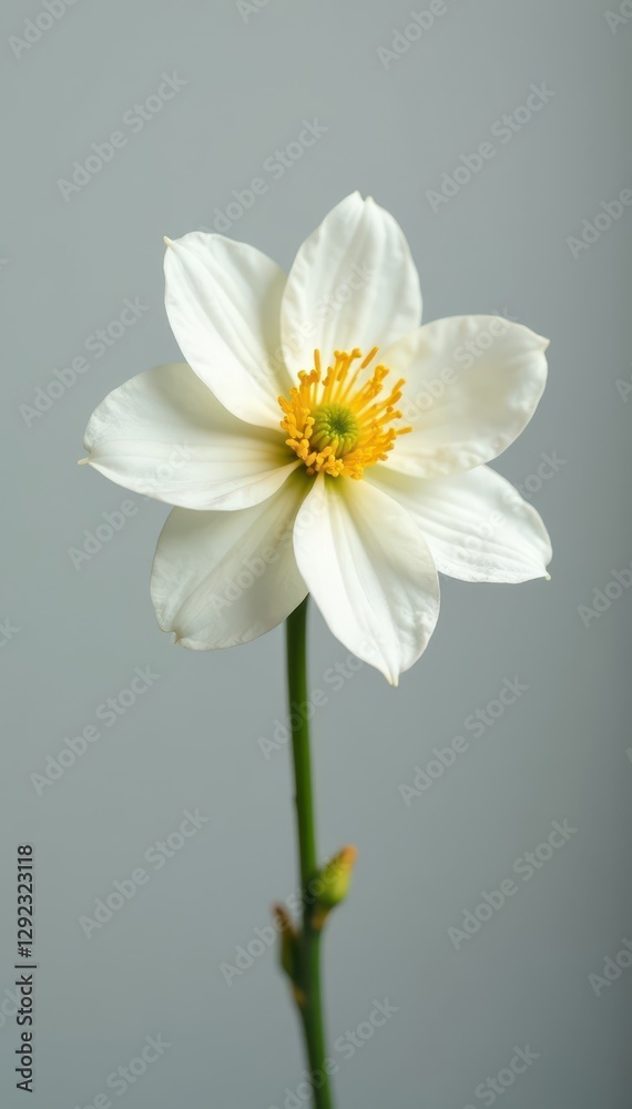 Delicate white blossom, yellow heart, grey backdrop, design, white flower, nature photography Delicate white blossom, yellow heart, grey backdrop, design, white flower, nature photography
