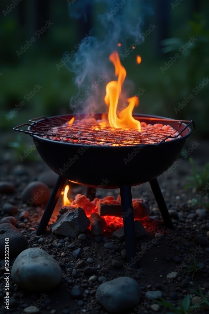 Portable hot empty BBQ grill with glowing embers and flames , charcoal, bbq, night