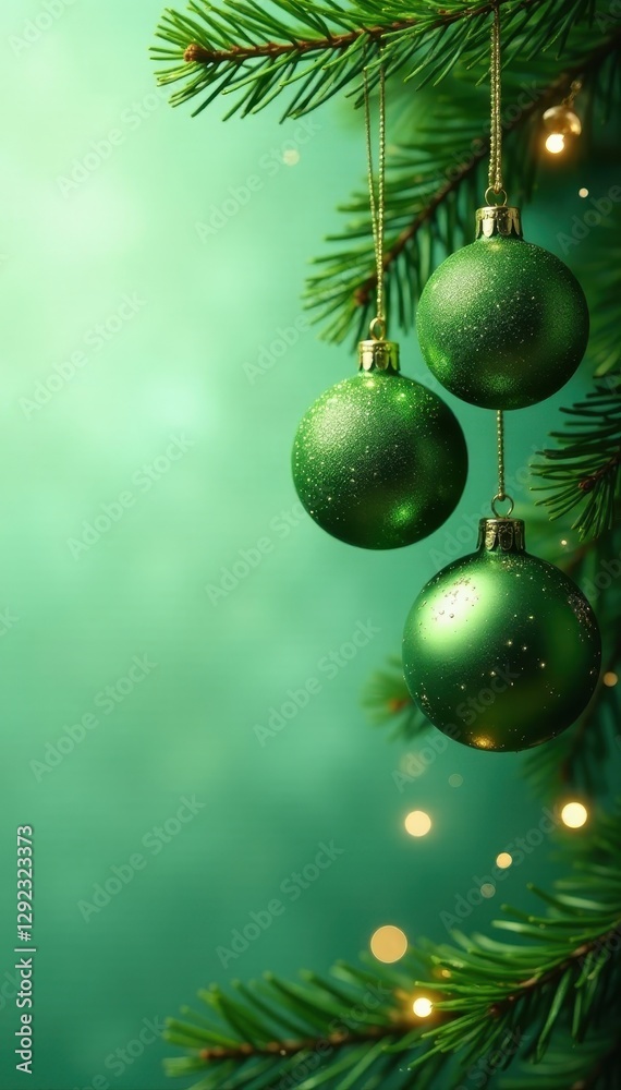 Fototapeta premium Elegant green Christmas wallpaper with shimmering ornaments and pine boughs , festive, background, ornaments