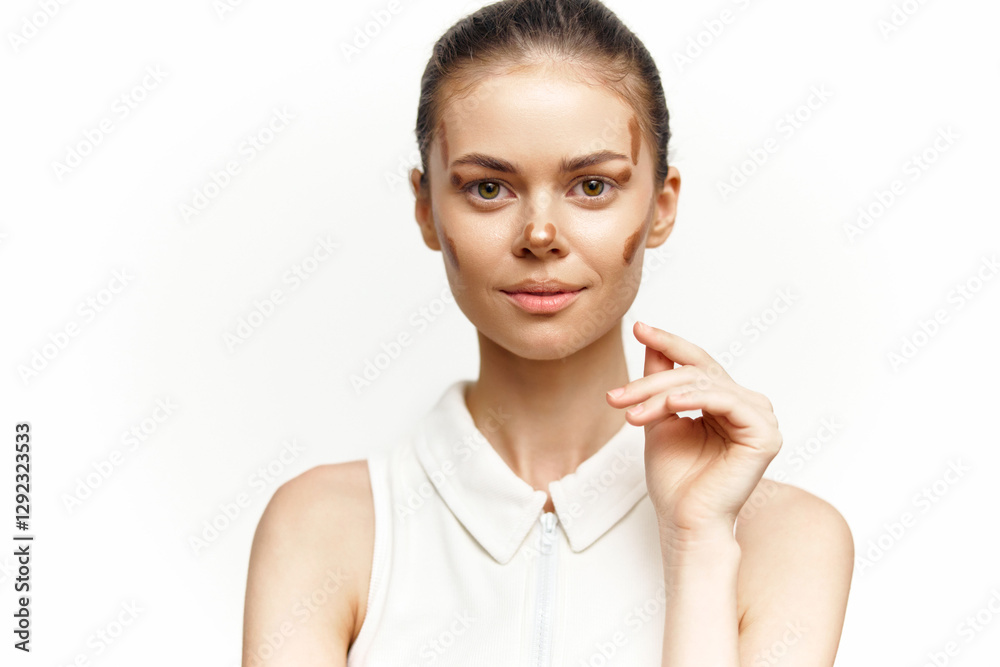 Stylish portrait of a confident young woman with natural makeup, wearing a chic sleeveless white blouse against a neutral background, embodying elegance and serenity. Stylish portrait of a confident young woman with natural makeup, wearing a chic sleeveless white blouse against a neutral background, embodying elegance and serenity.
