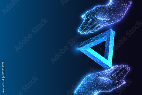 Futuristic glowing hand holding floating impossible triangle. Paradox, illusion, complexity Concept 