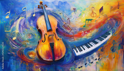 A vibrant and artistic painting features a violin and a piano keyboard surrounded by swirling musical notes and colorful abstract brushstrokes, creating a dynamic and expressive composition.