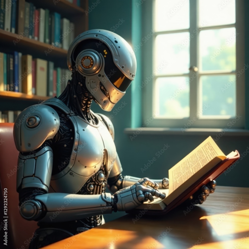 Chrome-enhanced cyborg engrossed in a large volume, sunlit library , reading, study, high tech Chrome-enhanced cyborg engrossed in a large volume, sunlit library , reading, study, high tech
