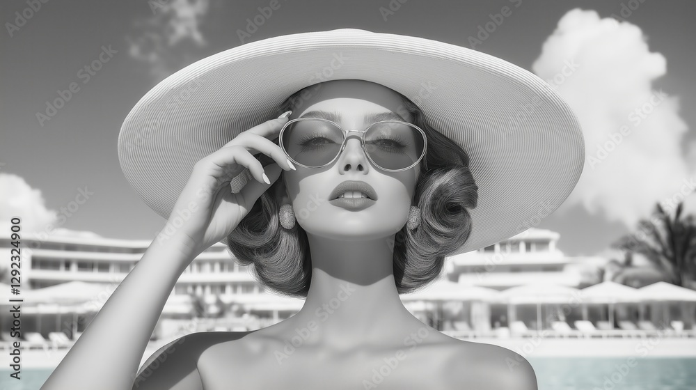 Fototapeta premium Stylish woman in a wide-brimmed hat and sunglasses by the pool.