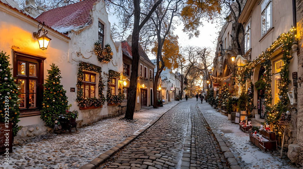Fototapeta premium Snowy Christmas street, cobblestone road, festive lights