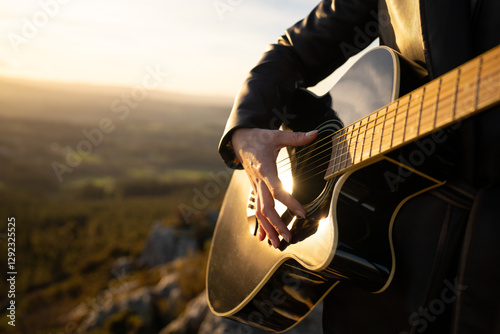 Female guitarist strumming acoustic instrument at golden hour, silhouetted against dramatic wilderness backdrop, embodying musical inspiration and creative energy