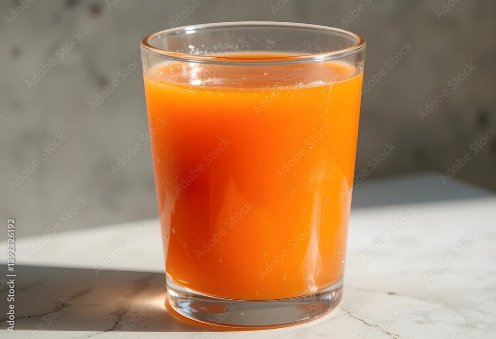 A transparent glass filled with fresh orange juice, highlighting its vibrant color. Soft lighting enhances the refreshing look, with subtle condensation on the glass against a neutral background. A transparent glass filled with fresh orange juice, highlighting its vibrant color. Soft lighting enhances the refreshing look, with subtle condensation on the glass against a neutral background.