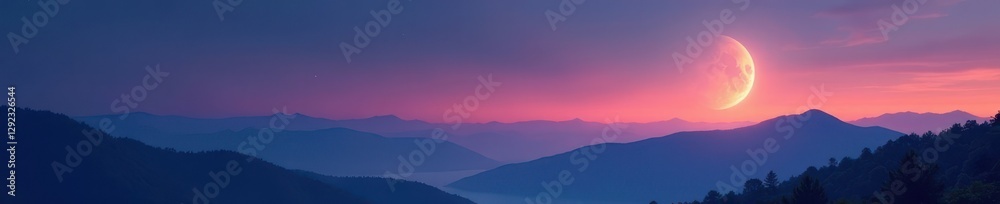 Crescent moon hangs delicately above distant hills, serenity, night view Crescent moon hangs delicately above distant hills, serenity, night view