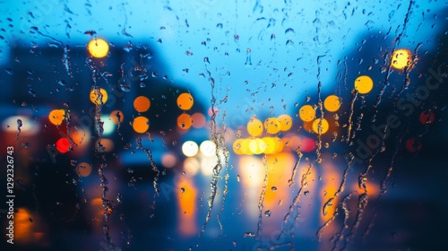 glass with rain with blurred background road with cars with lights on