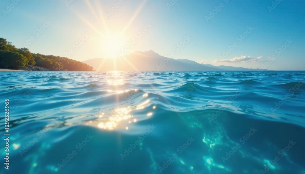 Fototapeta premium Serene blue water, sun's gleam dancing on surface, water, relaxing