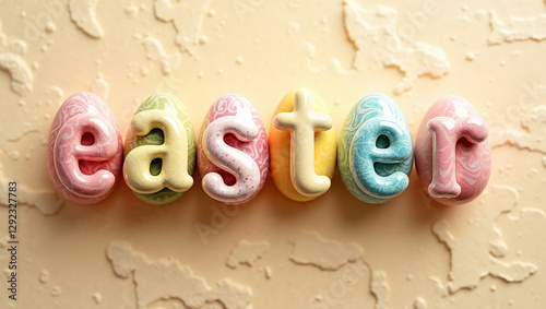 Colorful letters made of Easter eggs spell out the word Easter on a smooth surface. The pastel colors create a cheerful and festive atmosphere, suitable for seasonal celebrations