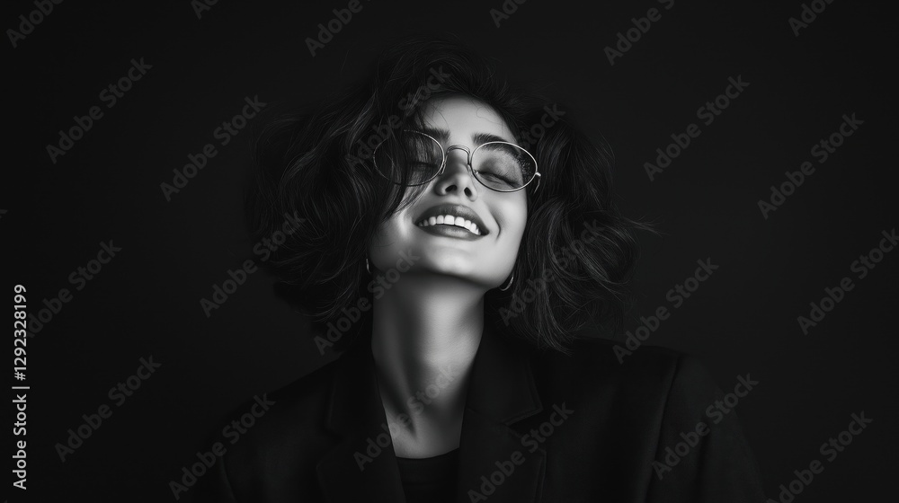 Smiling woman with curly hair in a black and white portrait. Smiling woman with curly hair in a black and white portrait.