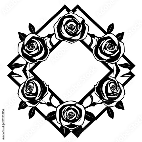 Roses in a Diamond Frame. A black and white vector illustration of a symmetrical rose arrangement in a diamond-shaped frame.