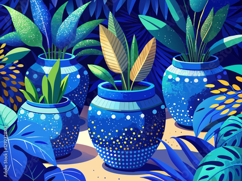vector of  Blue Dotted Pots with Lush Green Plants