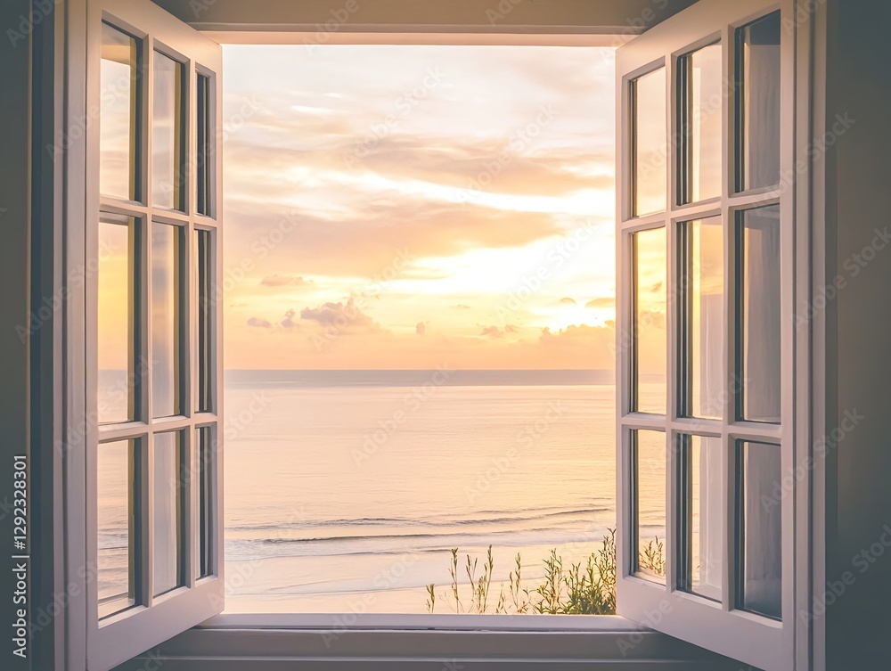 Obraz premium A seaside sunset from an open window offers a relaxed and timeless view