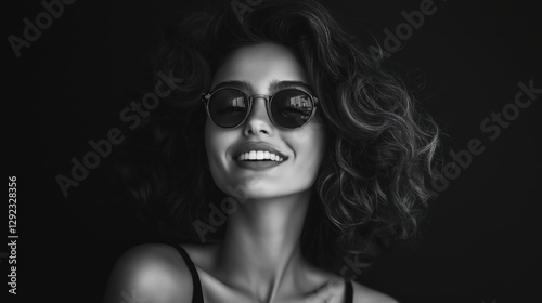 Smiling woman with curly hair wearing sunglasses in black and white.