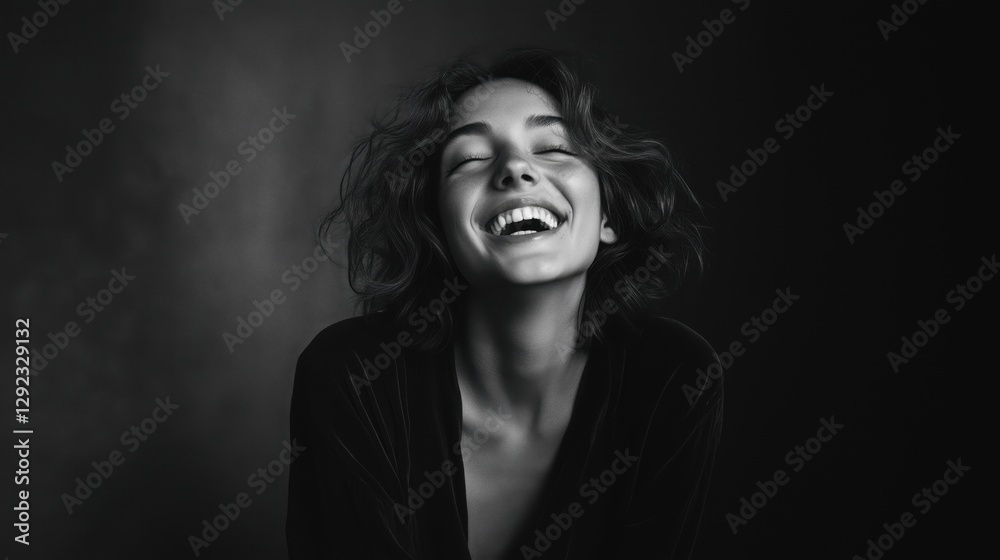 Joyful woman laughing in a black and white portrait. Joyful woman laughing in a black and white portrait.
