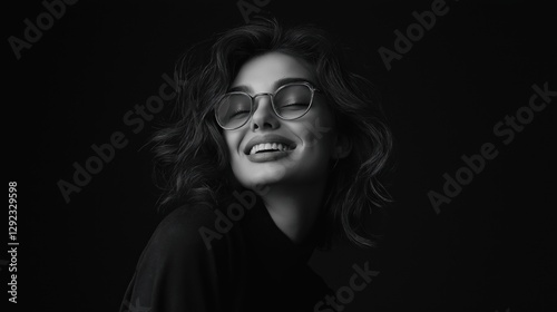 Stylish woman smiling in black and white portrait.