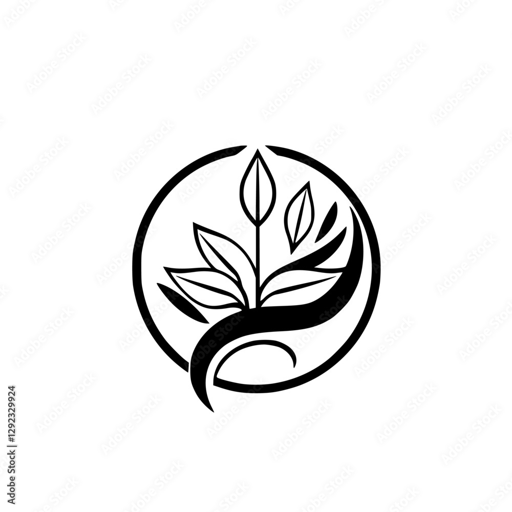 Organic botanical emblem with leaves, stylized within a circle; black and white clean design, clean, minimalism. Organic botanical emblem with leaves, stylized within a circle; black and white clean design, clean, minimalism.