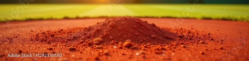 Sun-baked red clay infield, baseball diamond detail, sun, infield