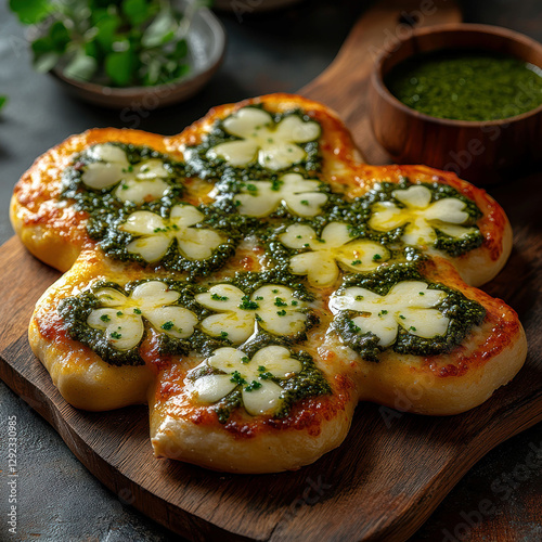 Image shows a festive St Patricks Day scene with two shamrock-shaped pizzas on a wooden cutting board, topped with green pesto sauce and possibly cheese and vegetables The compositio - AI-Generated photo