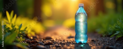 Water bottle with condensation, sunlight on trail, sun, nature