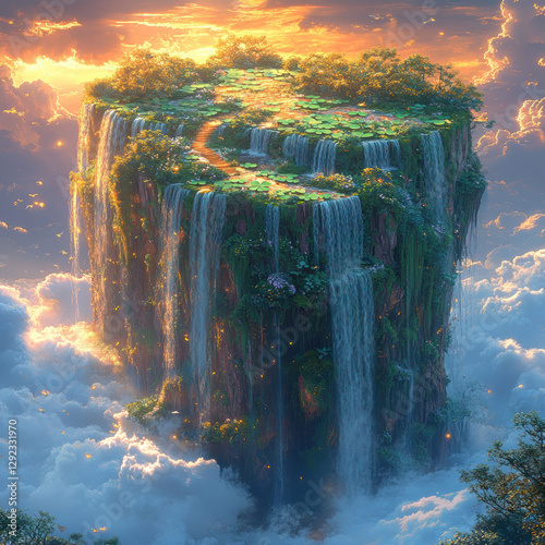 An isolated, green island floating above a sea of clouds, with waterfalls and golden flowers on top The image symbolizes nature, luck, prosperity, and the unique beauty of Ireland, tra - AI-Generated photo