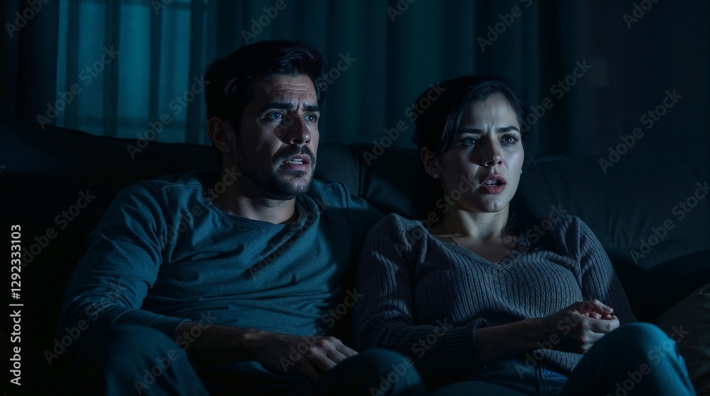 Obraz premium Couple watching a movie together with suspenseful expressions