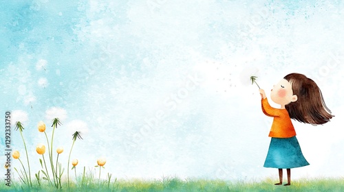 Whimsical Watercolor of a Girl Blowing a Dandelion in a Field Under a Bright Blue Sky