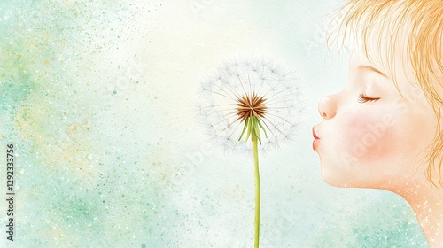 Innocent Child Blowing Dandelion Seeds in Dreamy Watercolor Painting
