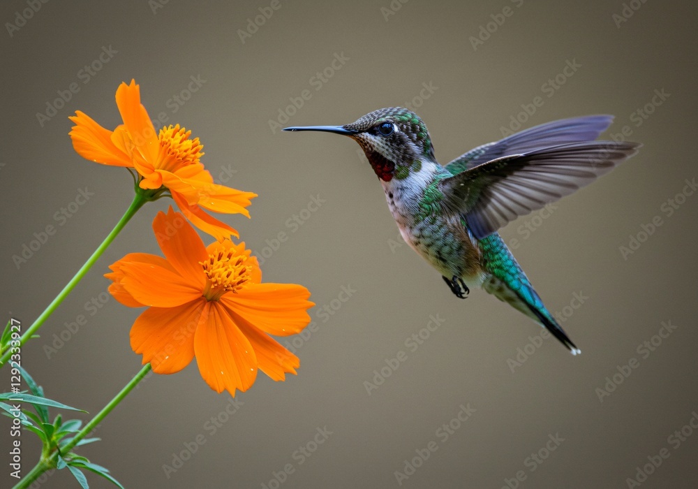 Fototapeta premium High-speed capture of a hummingbird hovering near a vibrant flower