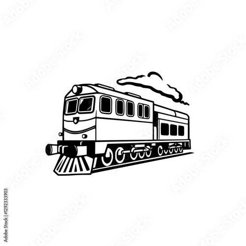 Vintage-Style Locomotive Depiction: Vector, Illustration, Black and White Train on Tracks with Cloud Smoke.