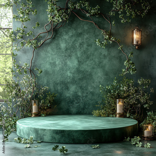 A St Patricks Day scene with traditional and modern elements, featuring a green velvet tablecloth, candle holders, candles, shamrocks, ivy vines, and bare branches, set in a curated s - AI-Generated photo