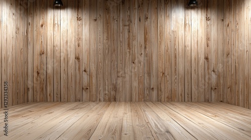 Wood panelled room with spotlights, empty space, product display photo