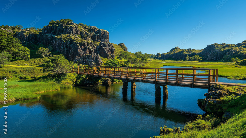 Fototapeta premium Cartoon nature landscape wooden bridge over the river or creek, green field with grass and rocks under blue clear sky. Picturesque scenery background, natural tranquil scene, Vector illustration