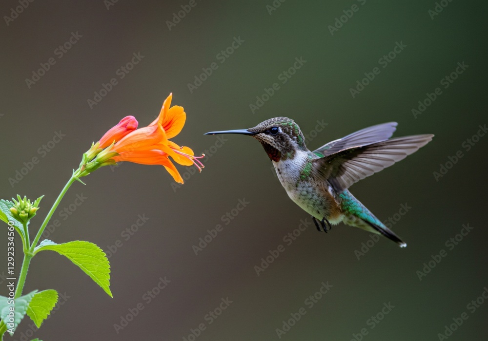 Naklejka premium High-speed capture of a hummingbird hovering near a vibrant flower