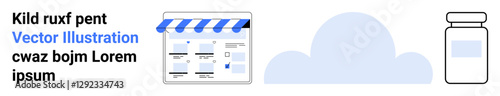 Online storefront with striped awning promoting digital solutions, cloud icon symbolizing online storage, jar representing medication. Ideal for e-commerce, data storage, healthcare, technology