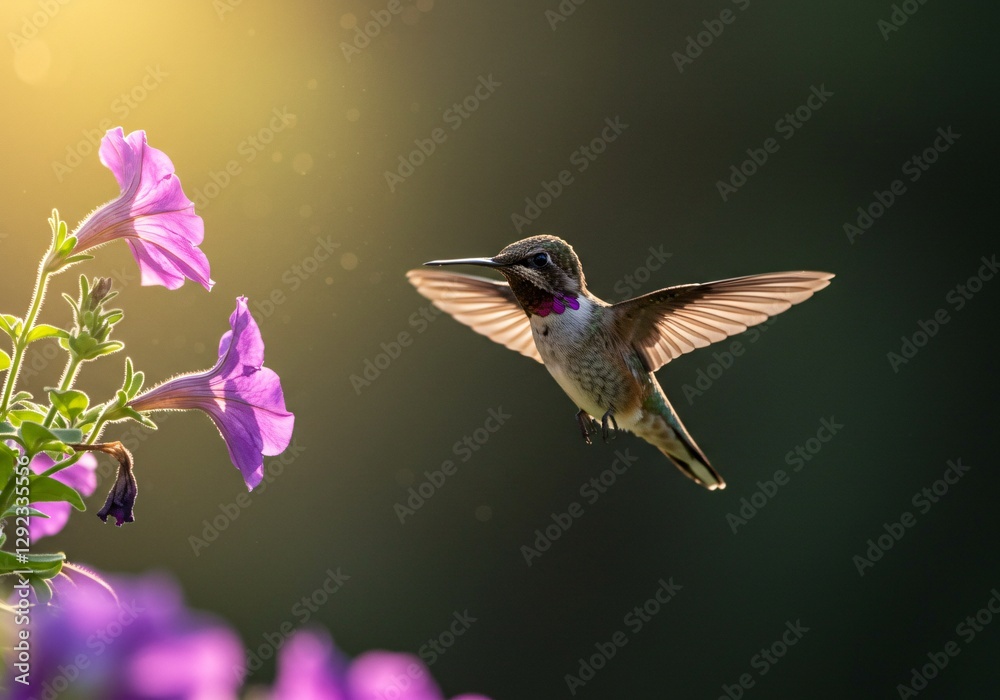 Naklejka premium High-speed capture of a hummingbird hovering near a vibrant flower