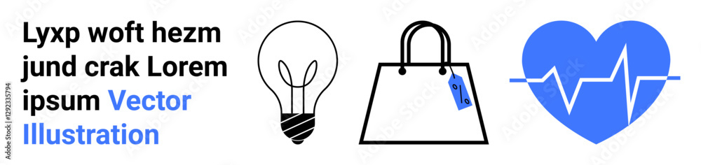 Lightbulb highlights creativity, shopping bag represents commerce, and heartbeat signifies health. Ideal for innovation, retail, health, education, business strategy, online ads flat landing page Lightbulb highlights creativity, shopping bag represents commerce, and heartbeat signifies health. Ideal for innovation, retail, health, education, business strategy, online ads flat landing page