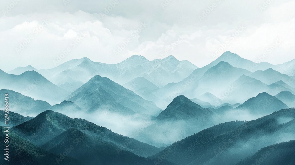 Tranquil Misty Mountain Range with Layers of Blue and Gray Vapors Tranquil Misty Mountain Range with Layers of Blue and Gray Vapors