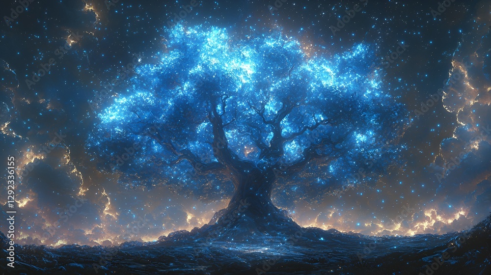 Obraz premium Mystical glowing tree, night sky, ethereal landscape, fantasy art, stock image