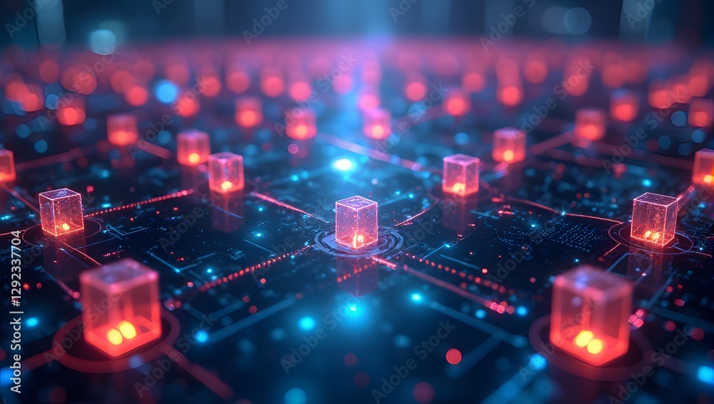 Fototapeta premium A glowing futuristic cube network with neon colors. 