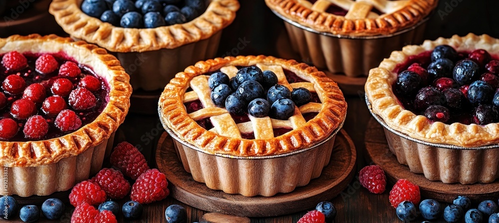 Rustic Fruit Pies on Wooden Table with Soft Light Rustic Fruit Pies on Wooden Table with Soft Light